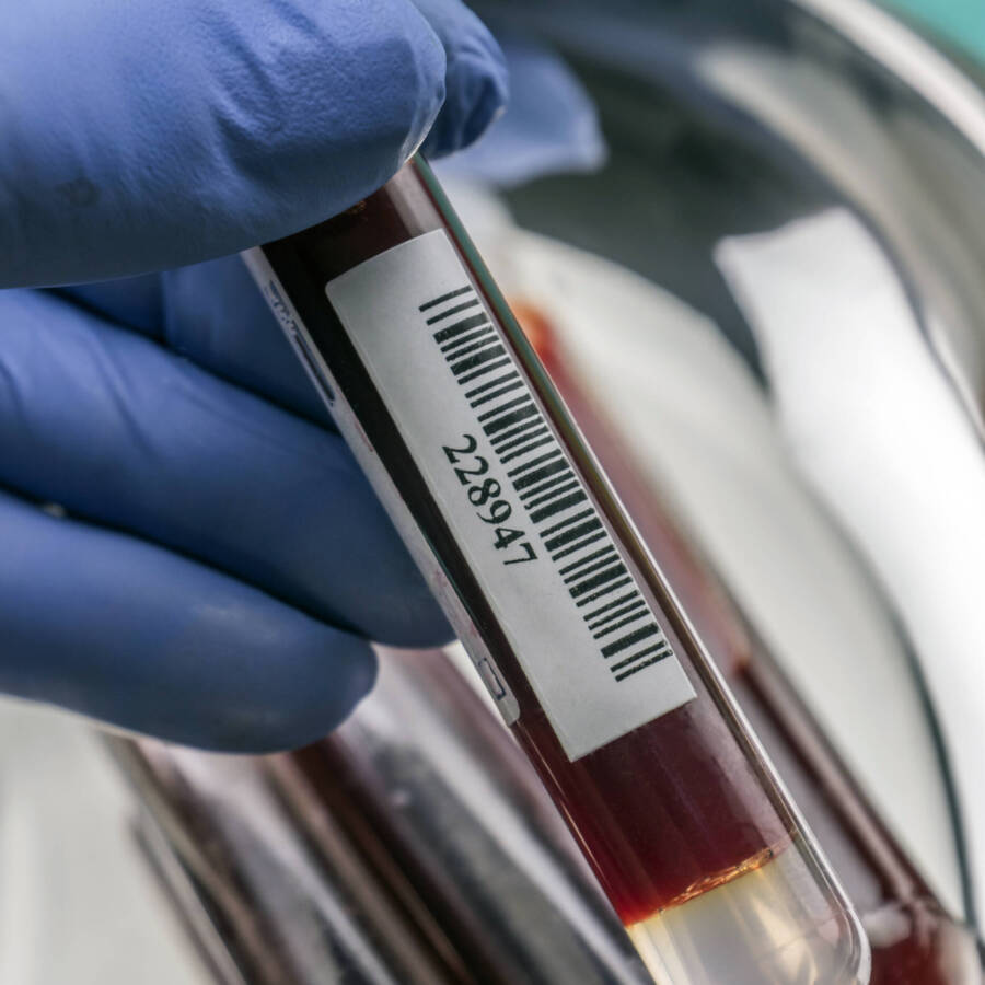 Doctor holds blood sample at a hospital table, conceptual image